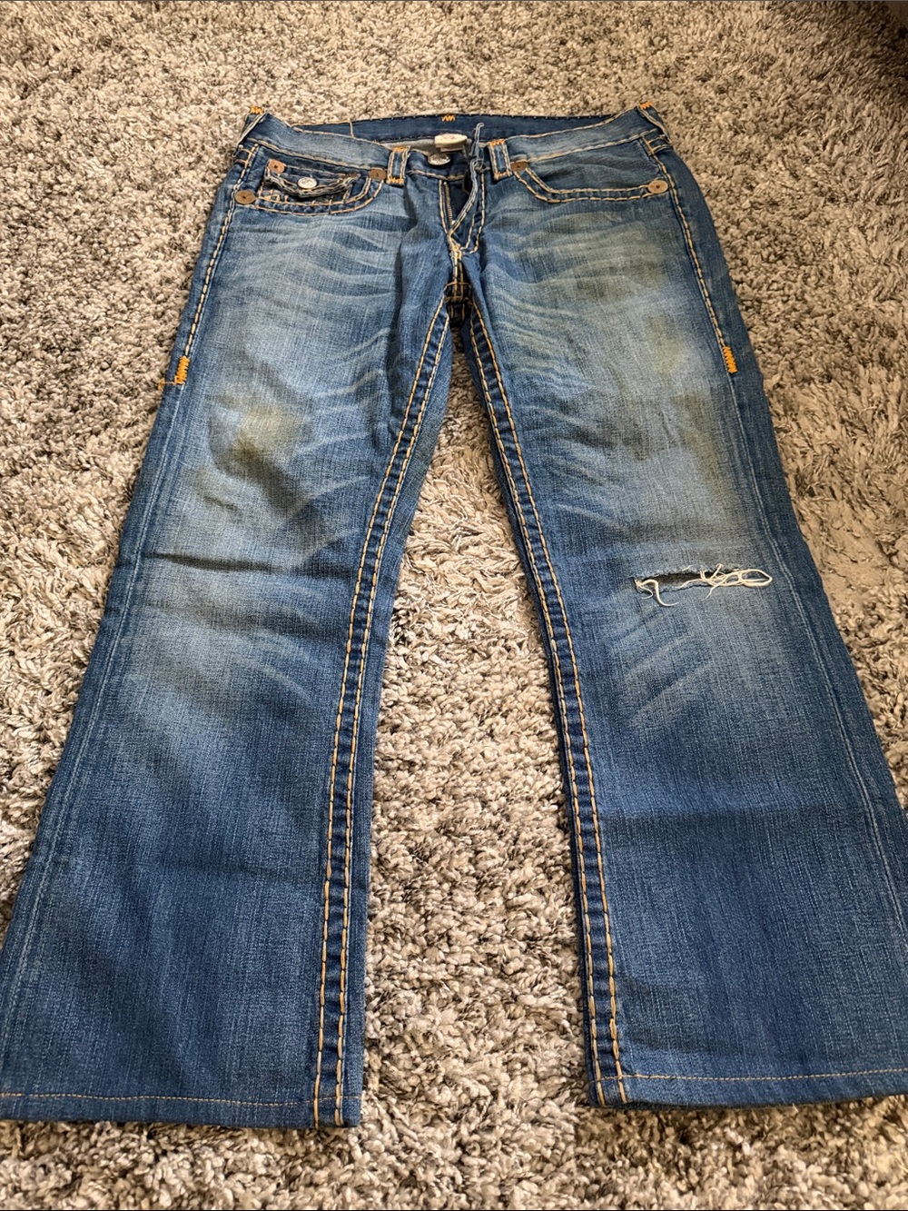 True Religion Blue Distressed Boot Cut Jeans